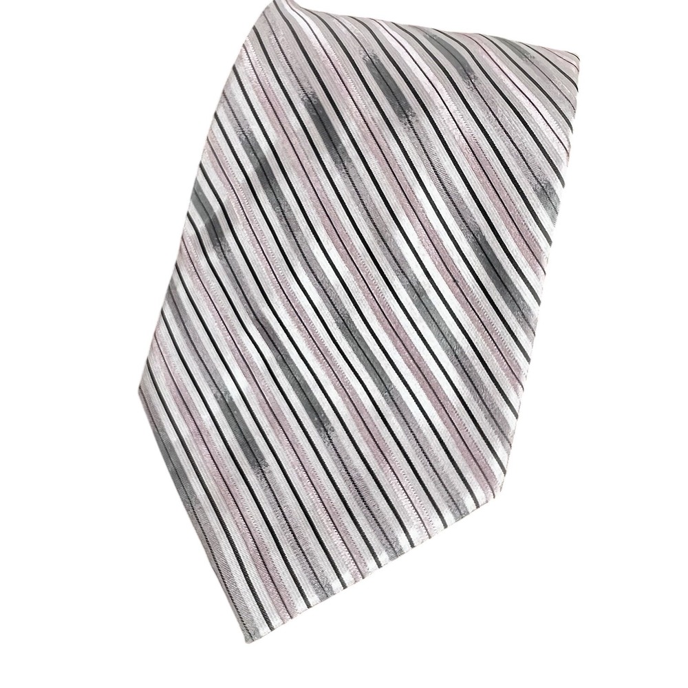 Claiborne‎ Men's Tie Gray Pink White Striped Silk Handmade